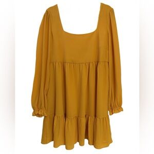 BCBG Paris XL Mustard Babydoll Dress Square Neck Long Sleeve Fall NWT